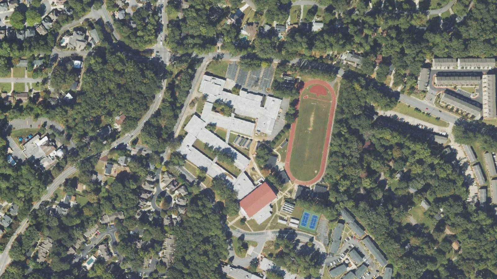 Cross Keys High School's campus on North Druid Hills Road from the air. The picture does not show the campus as it is today.