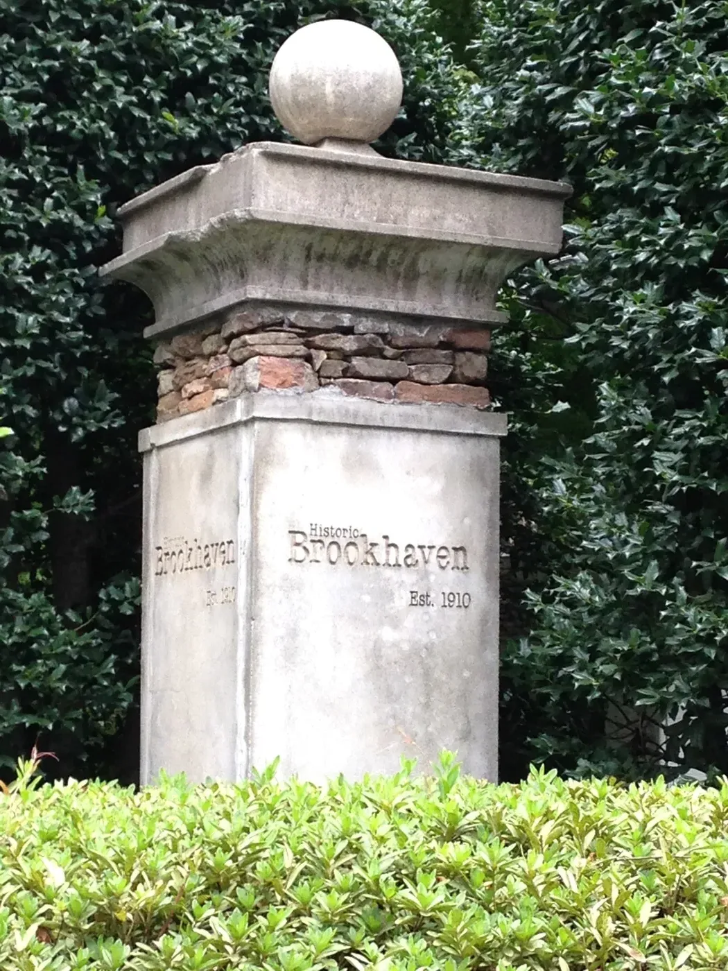 An entrance pillar of the Historic Brookhaven neighborhood, laid out in 1910