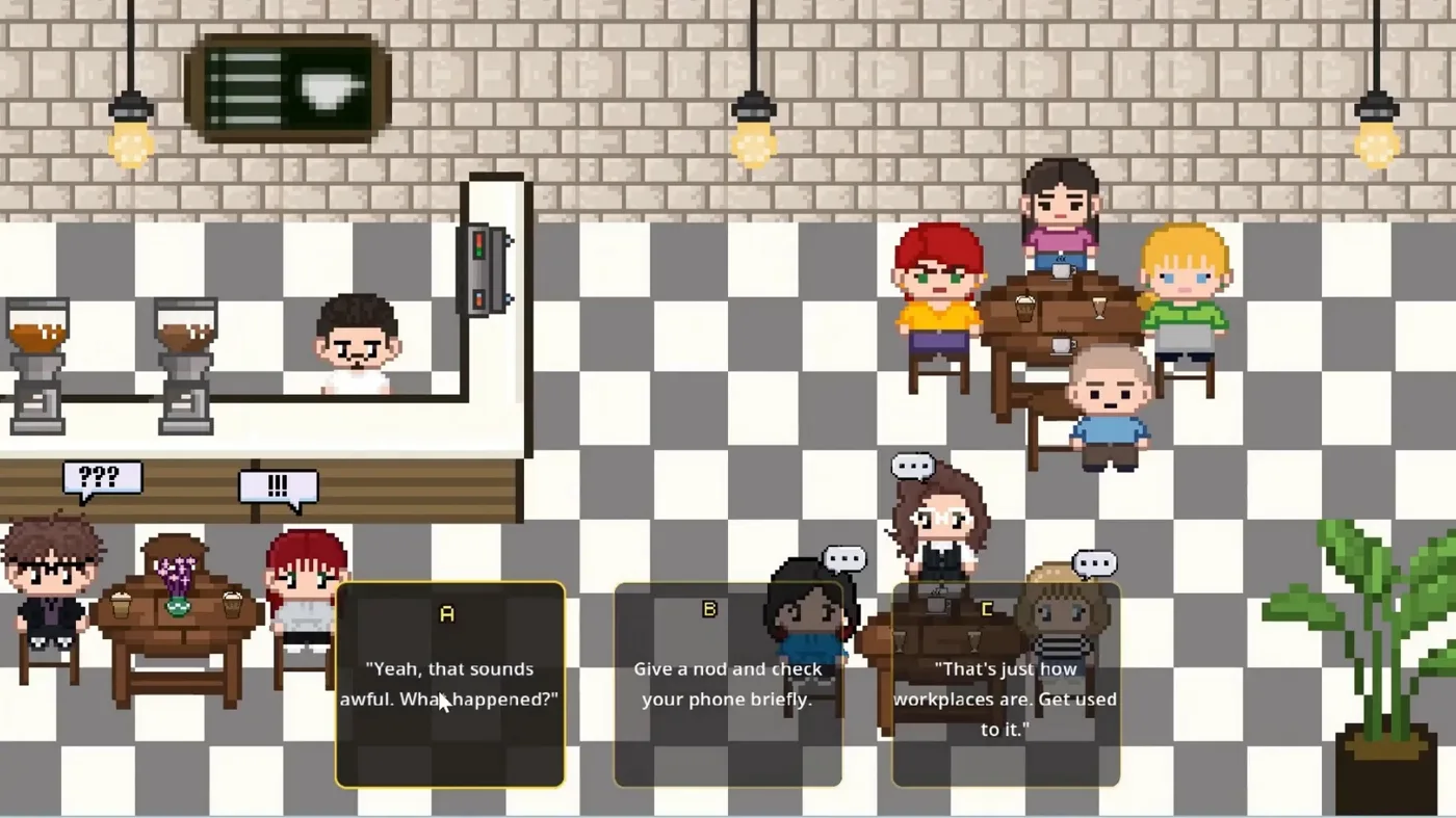 Pixel-art cafe with a checkered floor and several characters talking at tables