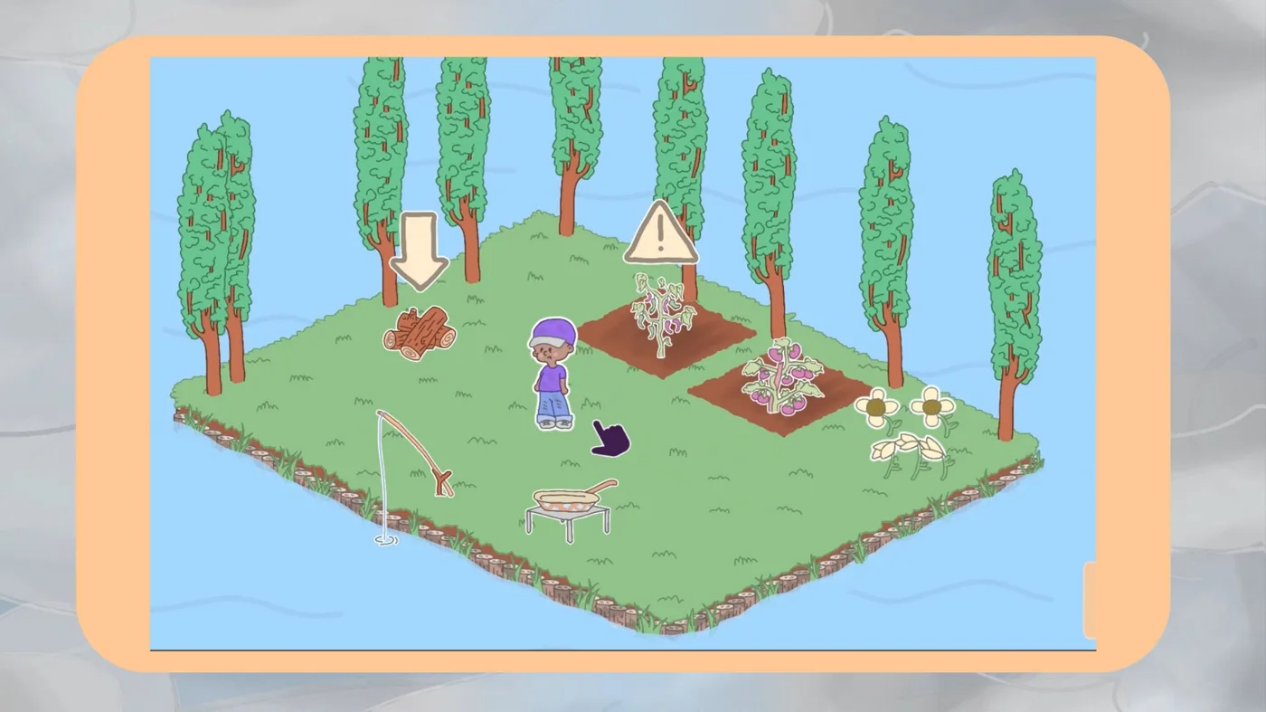 An illustrated garden island with trees, a small character and warning and arrow markers, framed inside a phone
