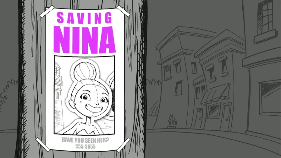 Black and white illustrated street scene with a missing poster for Nina pinned to a tree, headed SAVING NINA and reading Have you seen her?
