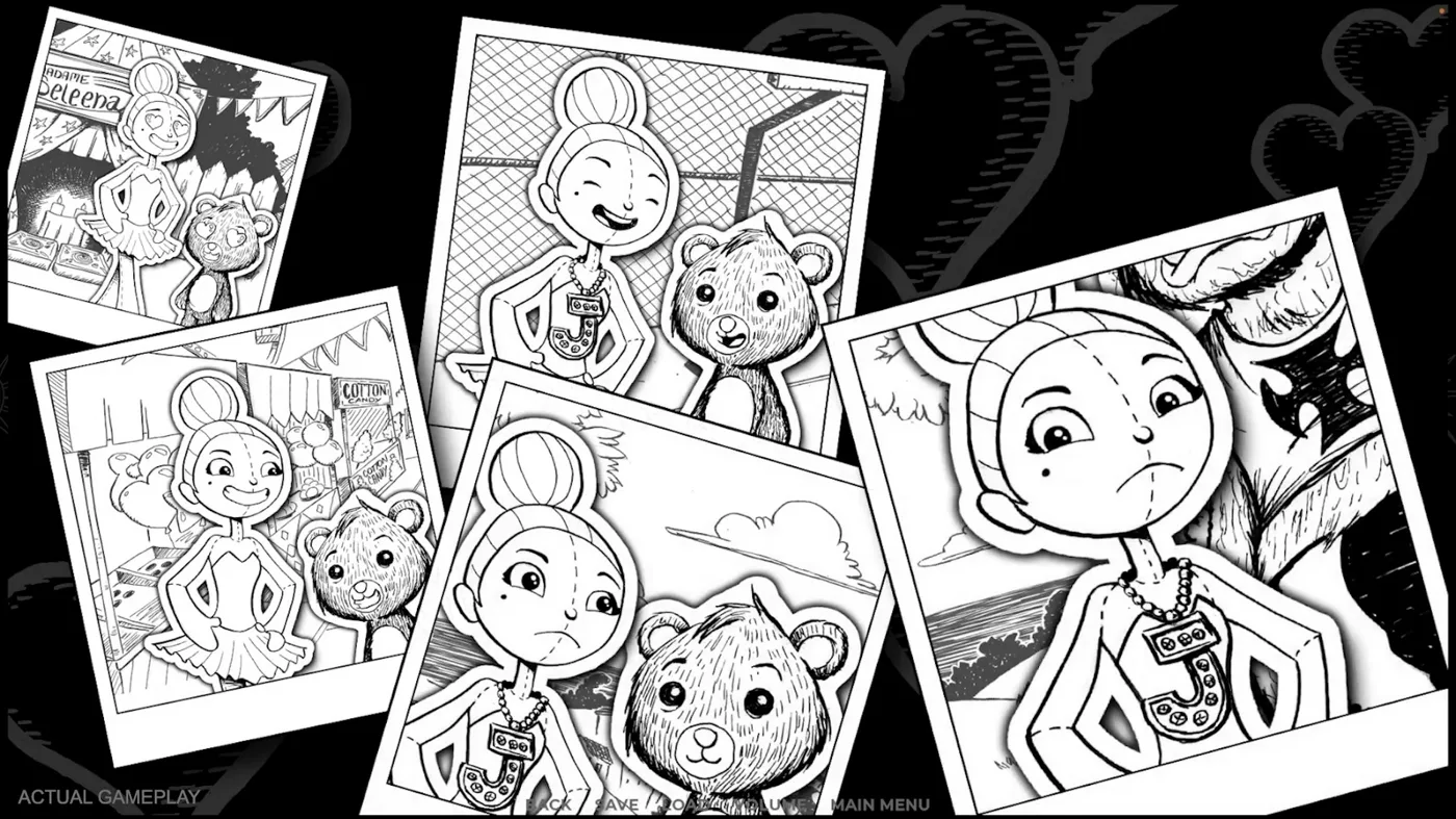 Black and white illustrated snapshots of Nina and friends scattered over a dark background