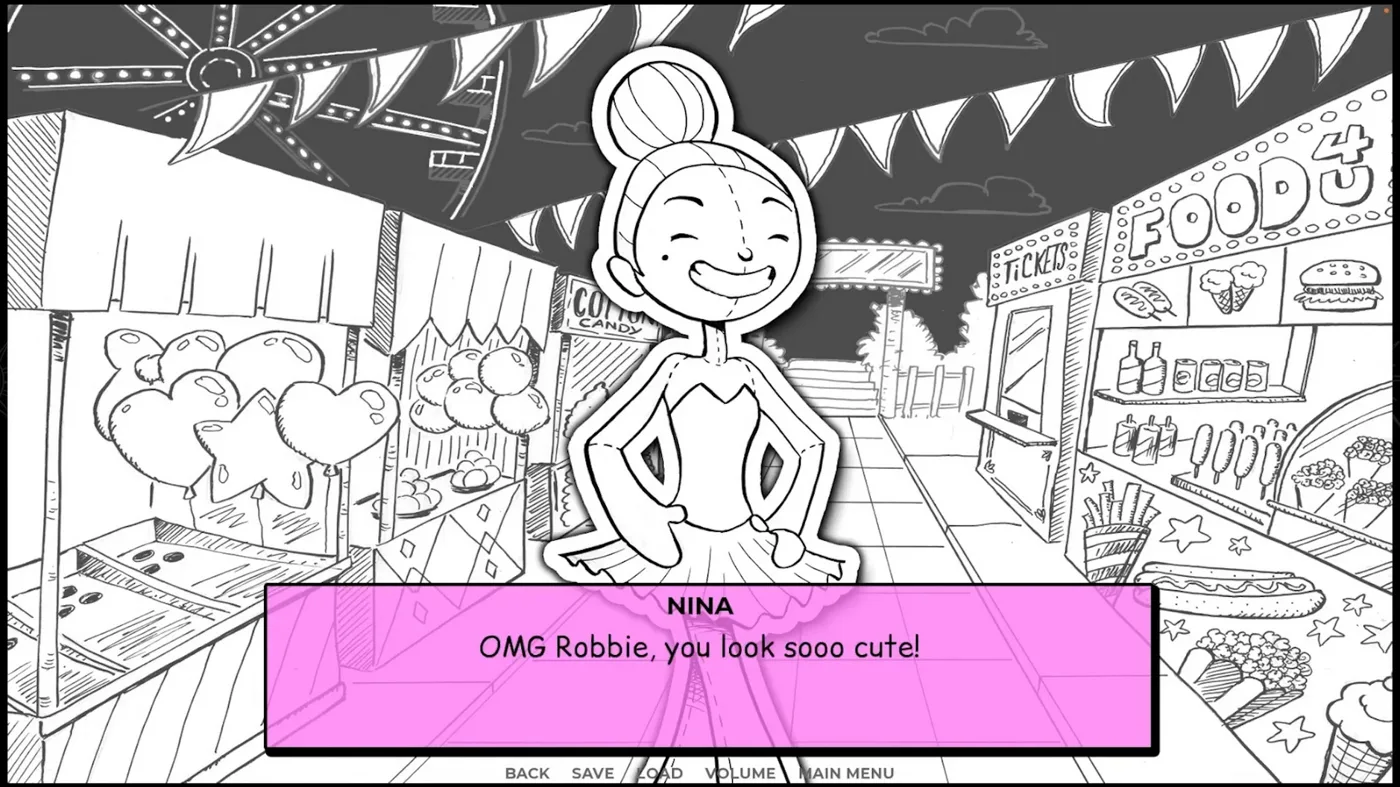 Illustrated character in a busy market street with a pink dialogue box reading OMG Robbie, you look sooo cute!
