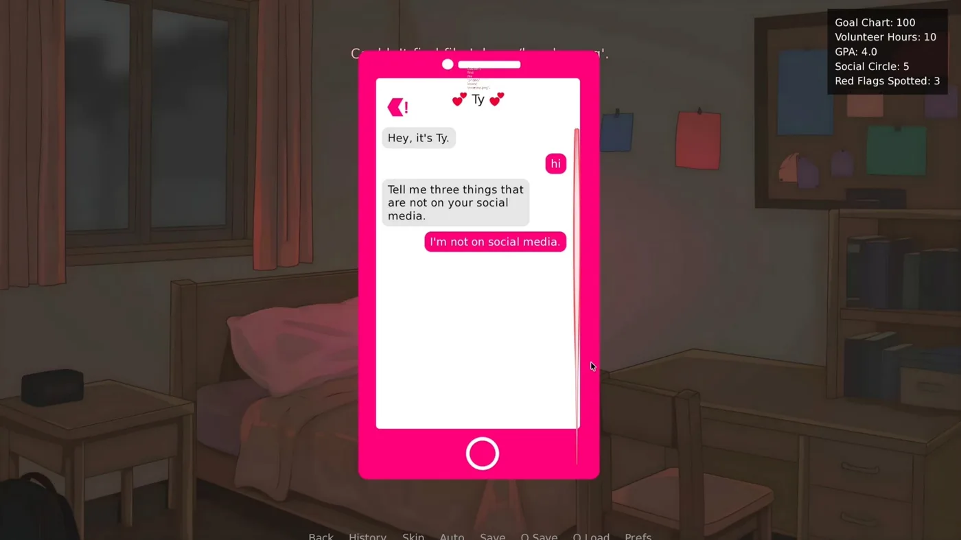 A pink smartphone showing a text conversation, held over a dim bedroom scene