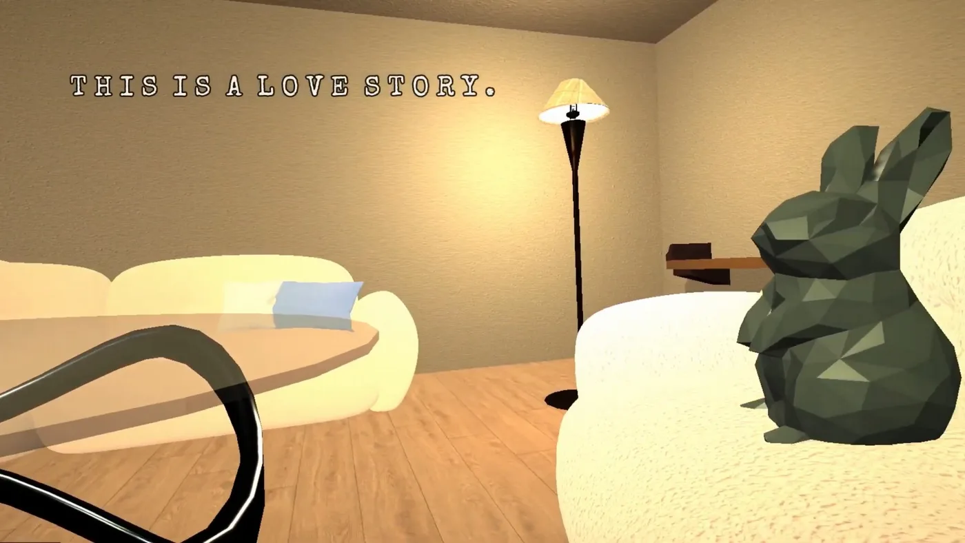 A 3D living room with a sofa and a lamp beside a large dark green rabbit figure, with the words This is a love story