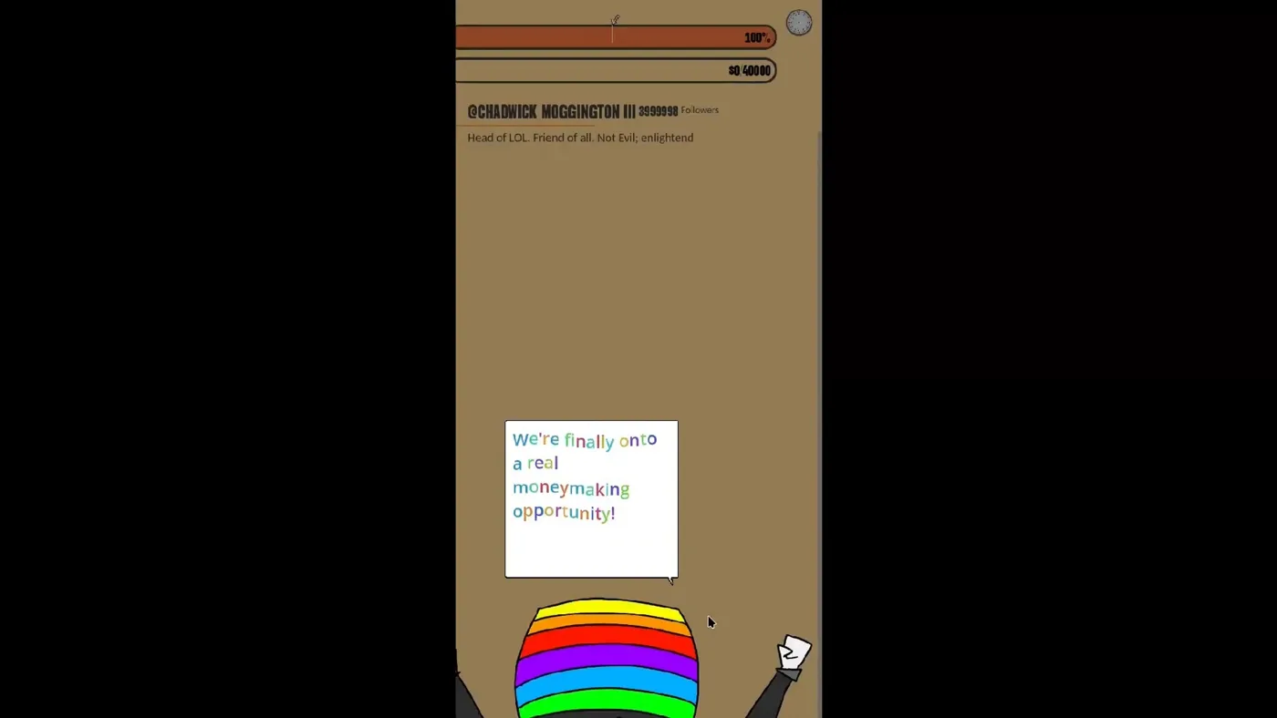 A message board screen with a small note and a rainbow-striped character at the bottom