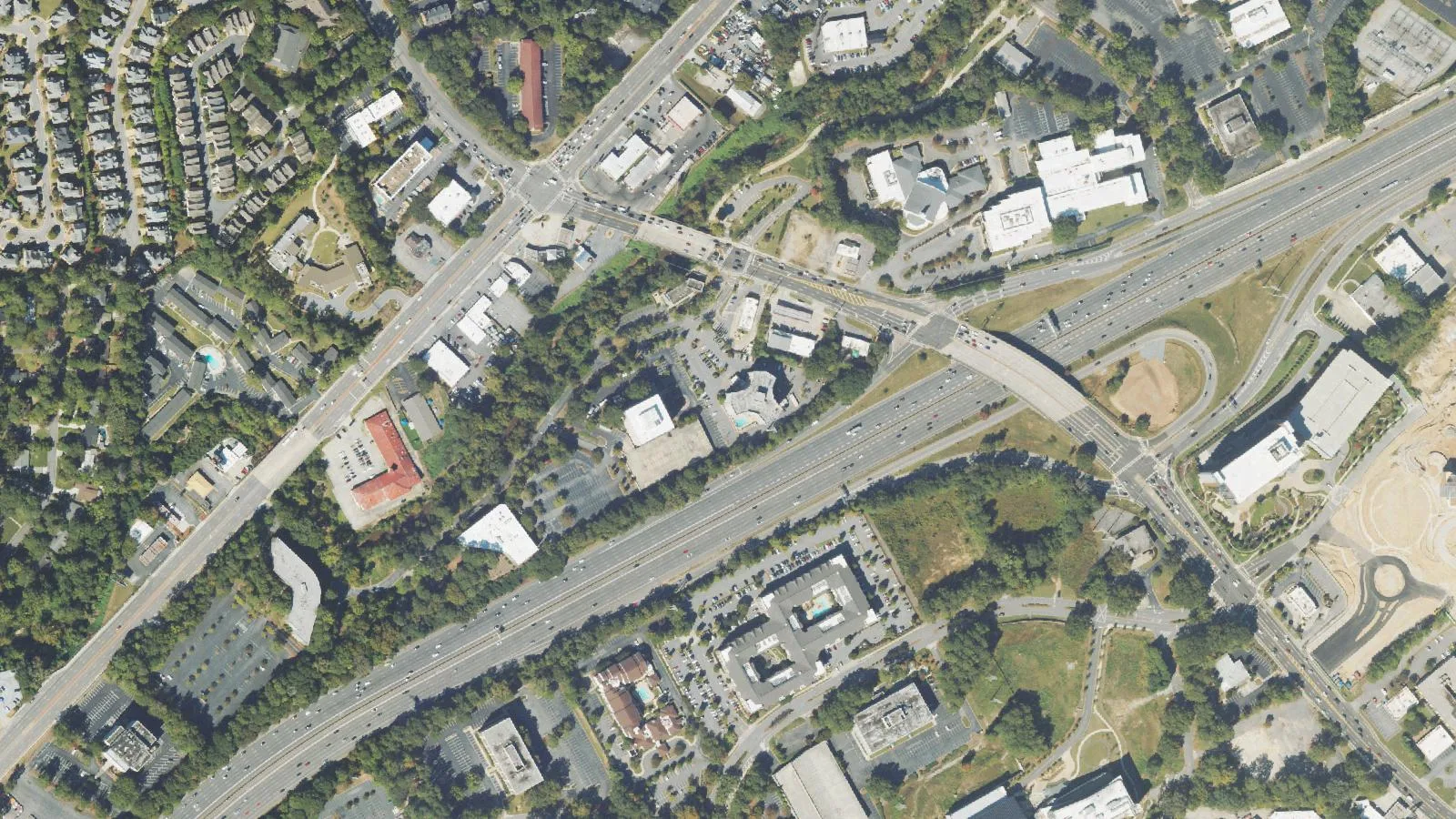 North Druid Hills Road crossing Interstate 85 from the air, with Buford Highway at left, where Phase II of the Peachtree Creek Greenway is planned
